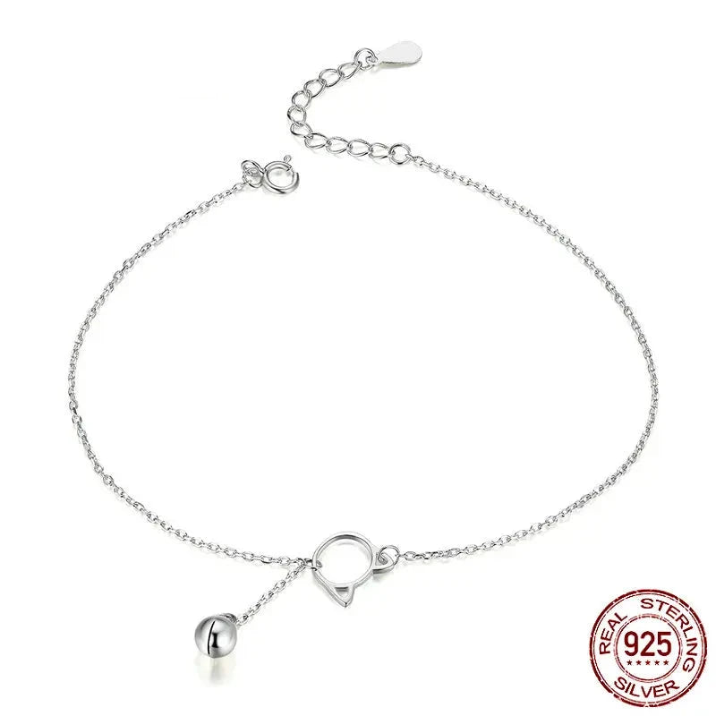 Genuine Solid 925 Sterling Silver Simple Bell and Cat Anklet Bracelet SCT003.