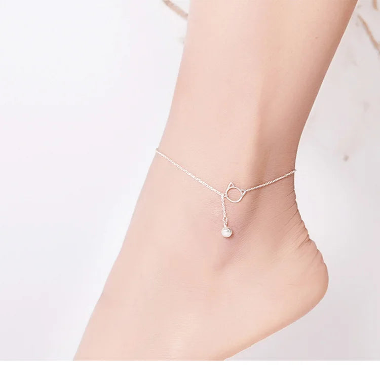 Genuine Solid 925 Sterling Silver Simple Bell and Cat Anklet Bracelet SCT003.