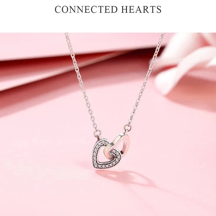 Two Hearts Connected Forever Necklace. Pure 925 Sterling Silver.