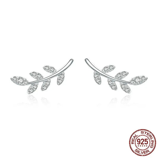 Clear Spring Leaf Earrings, Genuine 925 Sterling Silver.