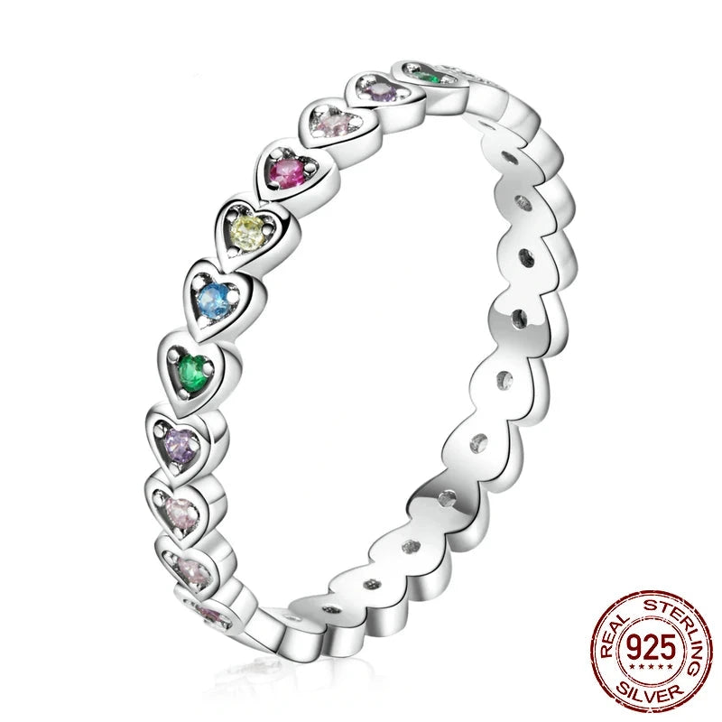 Genuine 925 sterling silver love ring, heart pattern, colorful stars.