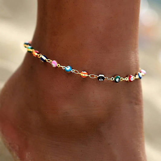 Colorful bohemian Turkish eye anklet in various shapes.