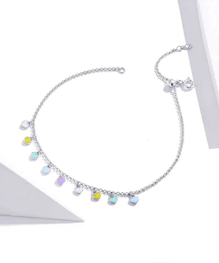 Genuine 925 sterling silver rainbow heart anklet.