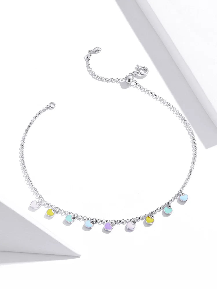 Genuine 925 sterling silver rainbow heart anklet.