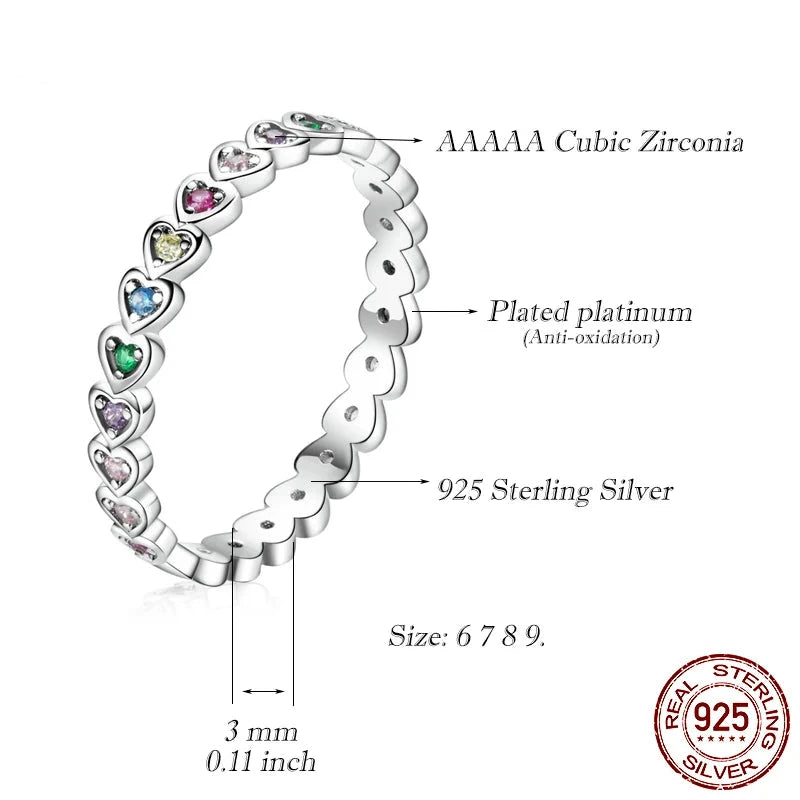 Genuine 925 sterling silver love ring, heart pattern, colorful stars.