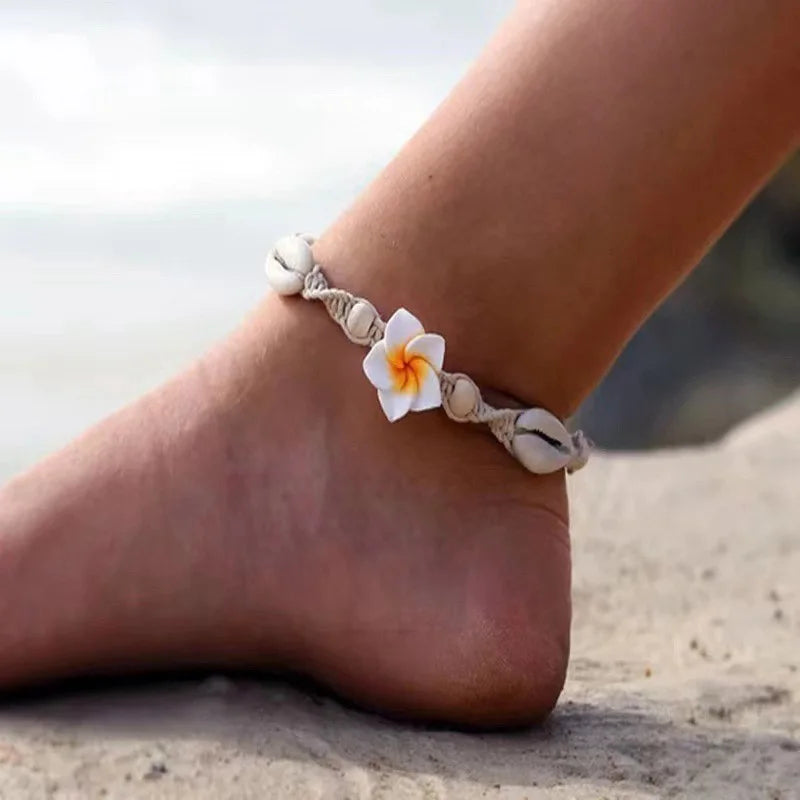 Boho Bohemian Seashell Flower Woven Anklet For Women.