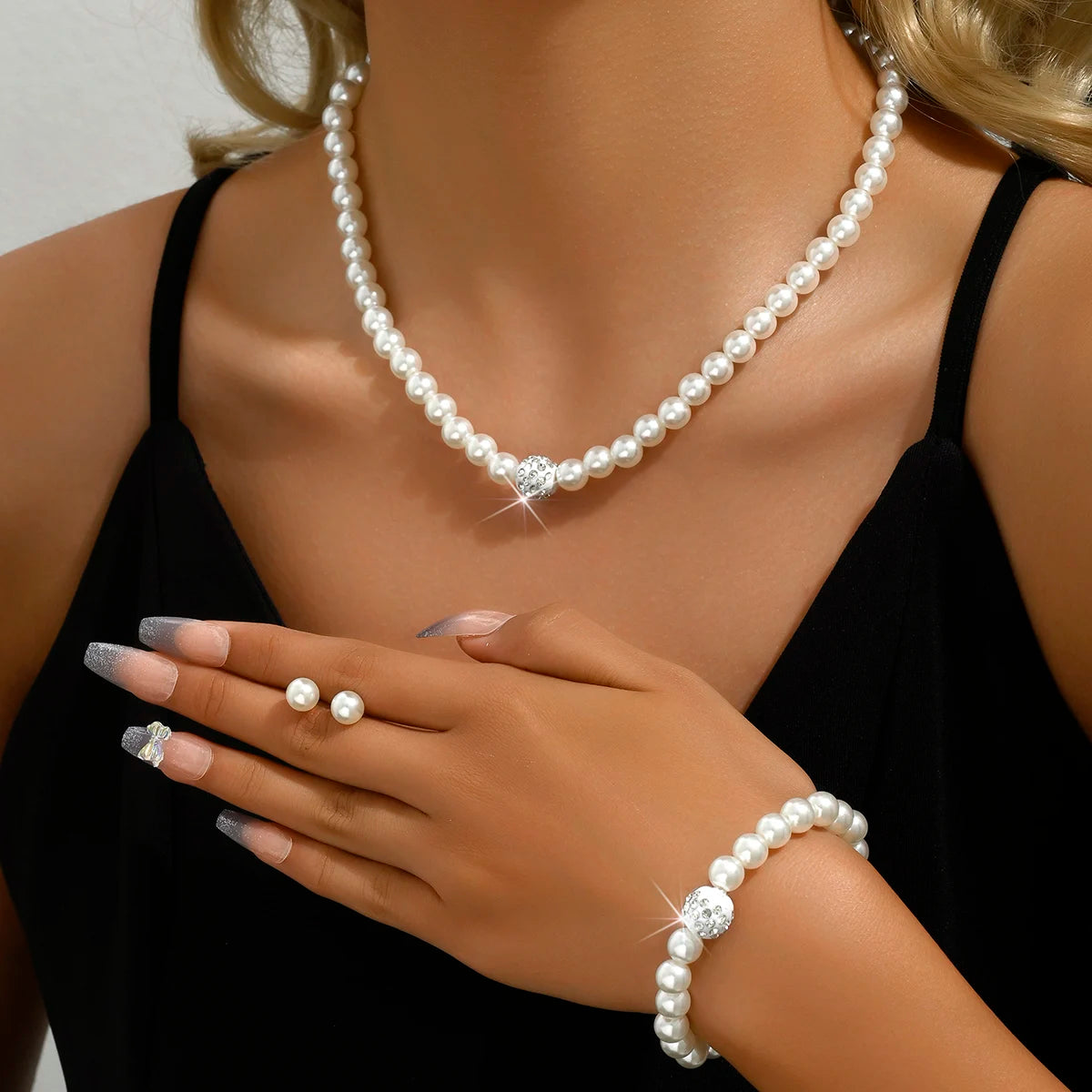 Pearl Jewelry Set, Necklace, Bracelet and Diamond Earrings.