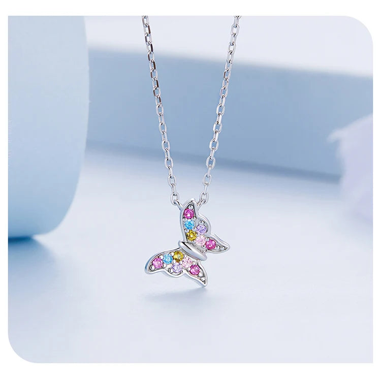 Pure 925 Sterling Silver Colorful Butterfly Necklace.