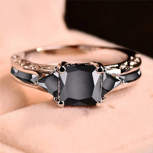 Delicate, Elegant Trendy Ring With Inlaid Black Zircon Stones.