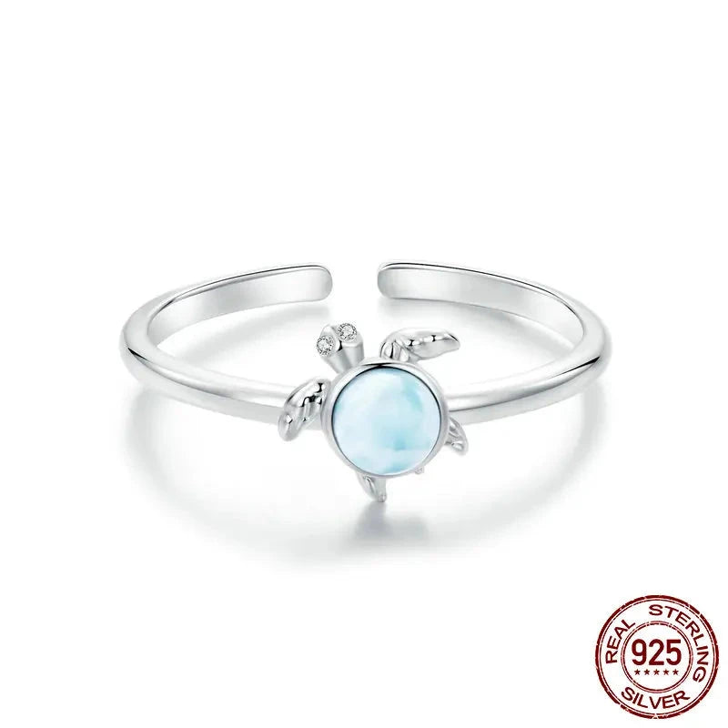 Natural Blue Larimar Gemstone Open Ring in 925 Sterling Silver.