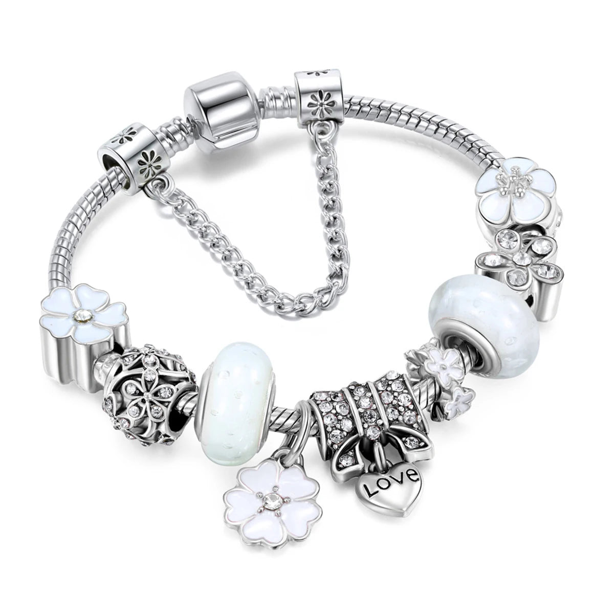 Trendy multi-element bracelet, pearls, flowers, love.