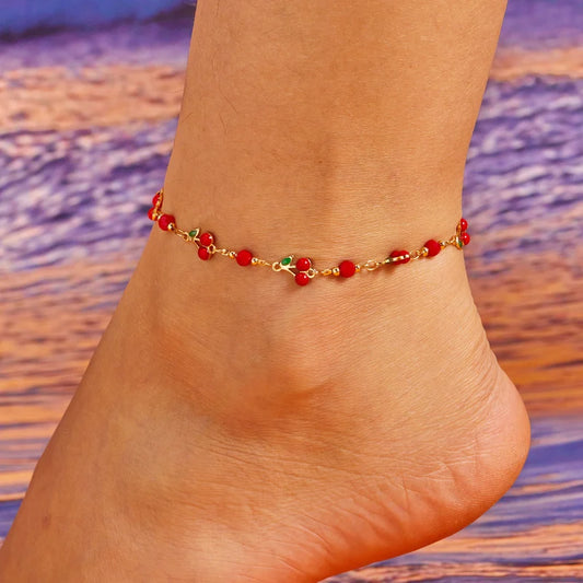 Red Cherry Anklet Charms, Vintage Bohemian Style.