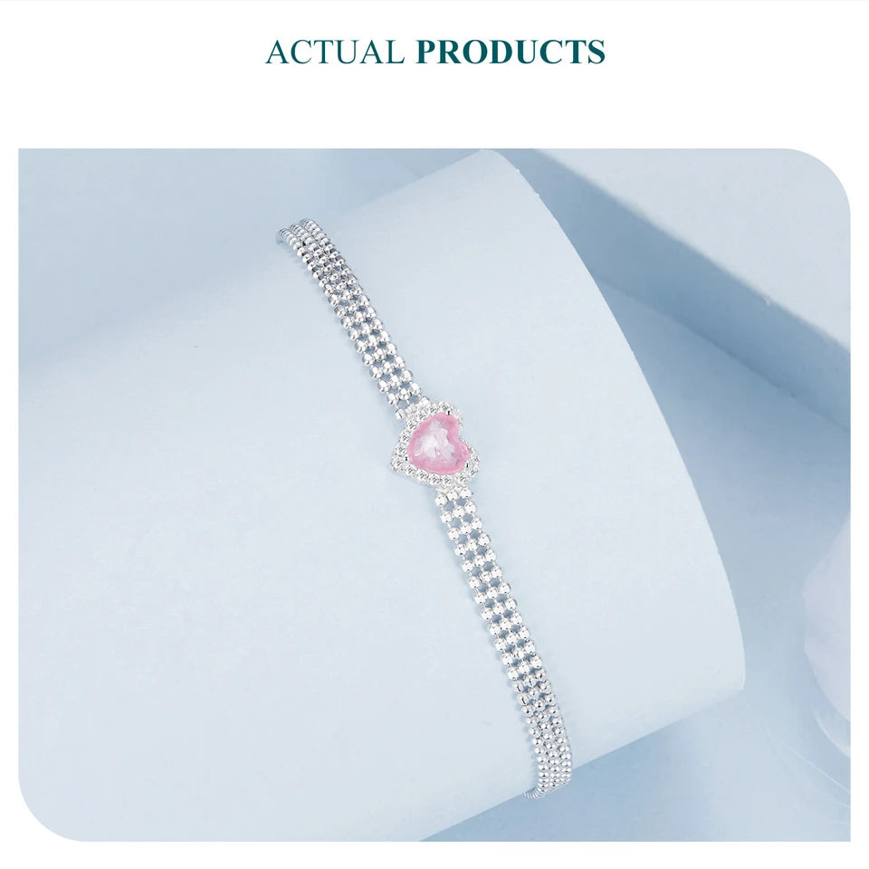 Iced Pink Heart Bracelet, Genuine 925 Sterling Silver.