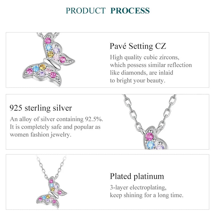 Pure 925 Sterling Silver Colorful Butterfly Necklace.