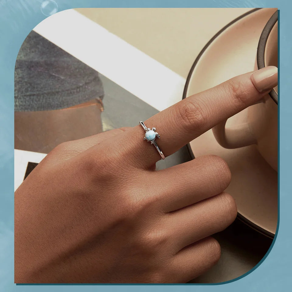 Natural Blue Larimar Gemstone Open Ring in 925 Sterling Silver.