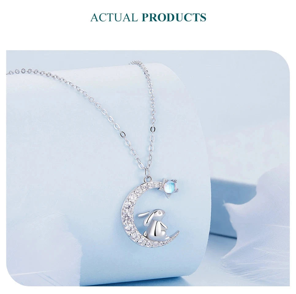 Genuine 925 Sterling Silver Rabbit and Moon Necklace.