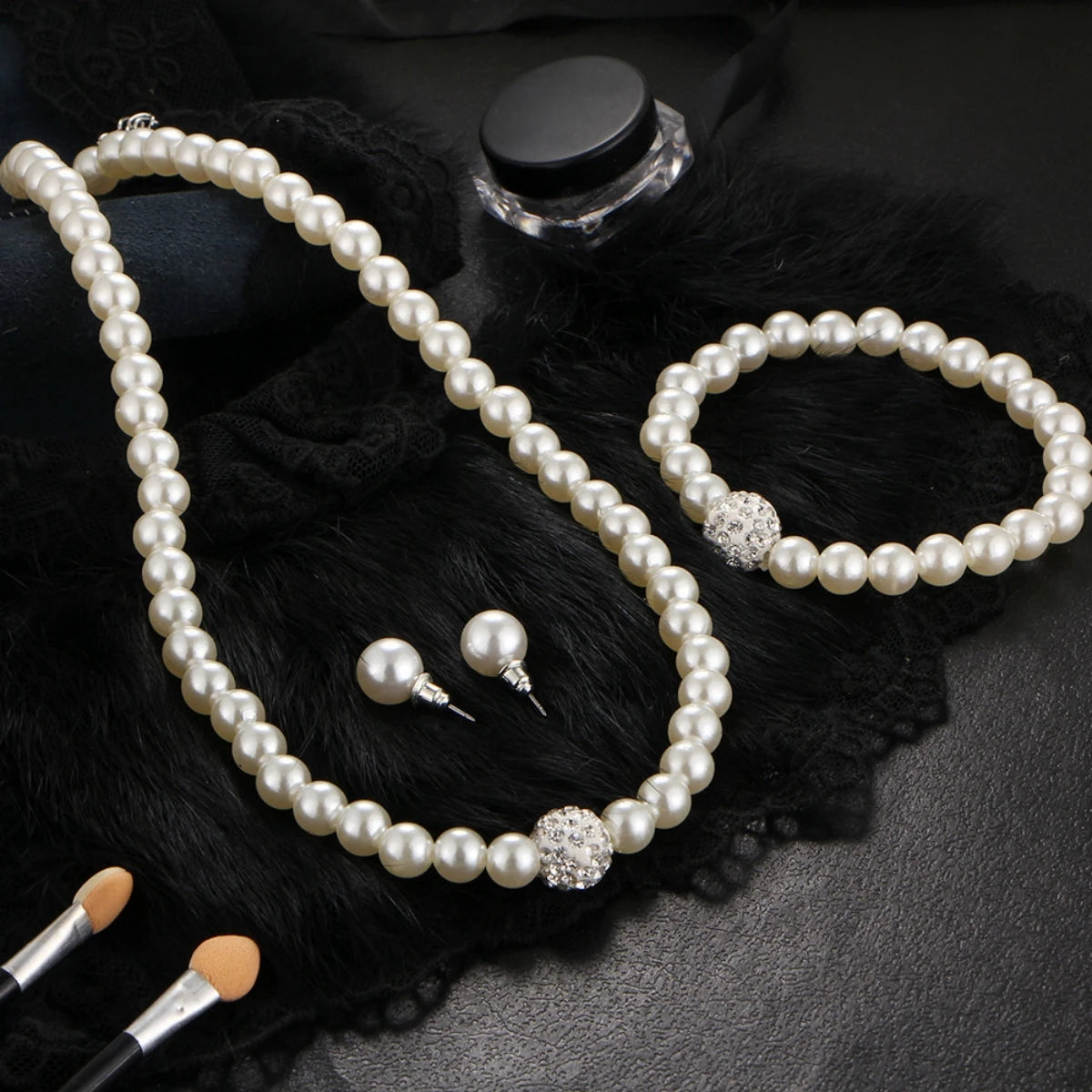 Pearl Jewelry Set, Necklace, Bracelet and Diamond Earrings.