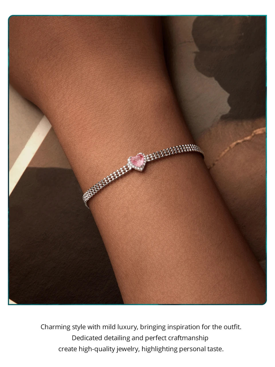 Iced Pink Heart Bracelet, Genuine 925 Sterling Silver.