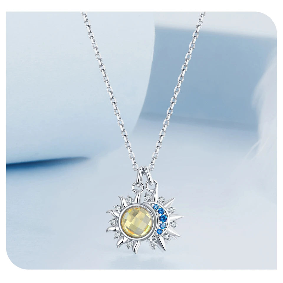 Pure 925 Sterling Silver Sun Moon Necklace