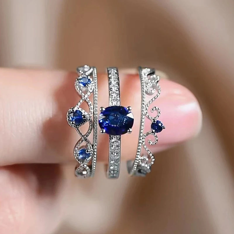 3Pcs Set Rings Noble Blue CZ.