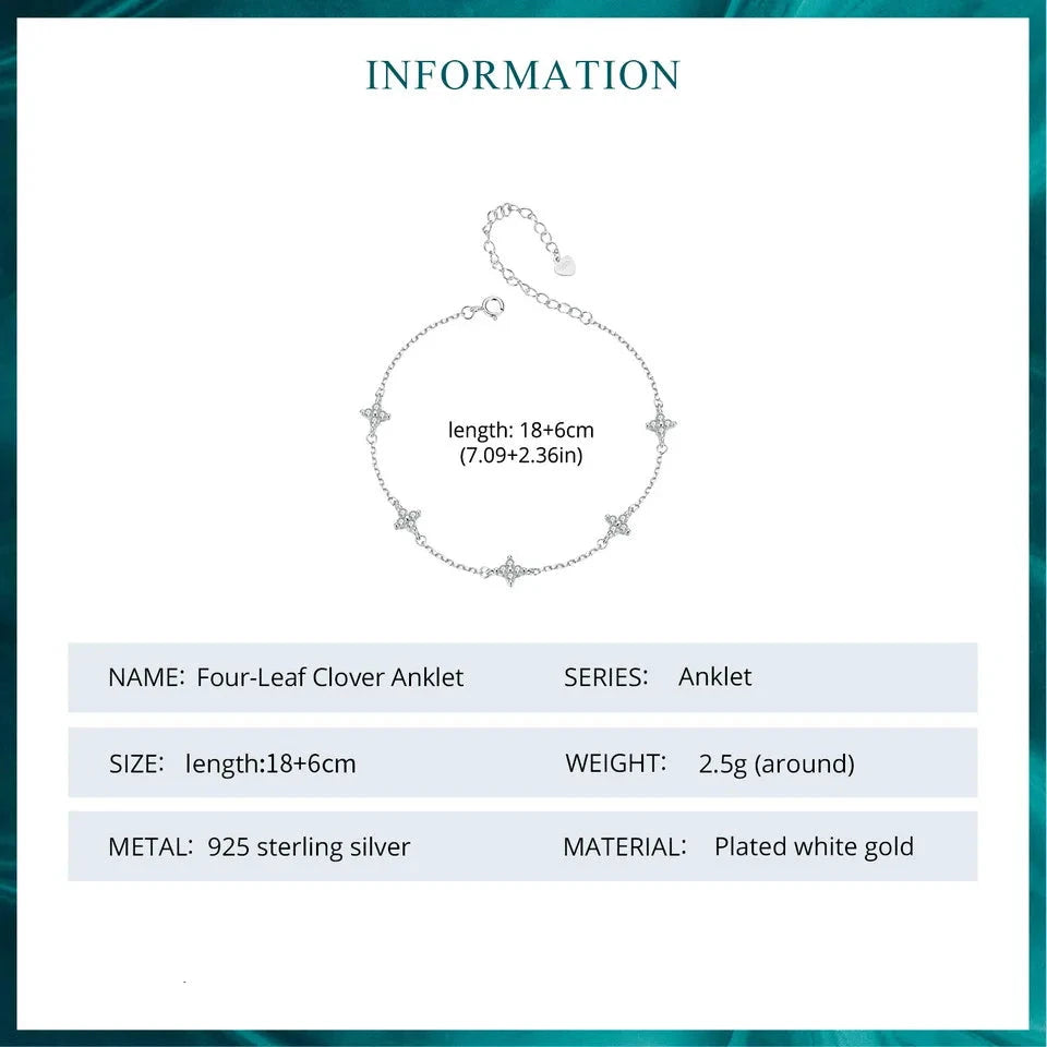 Pure 925 Sterling Silver Four Leaf Clover Anklet BST008.
