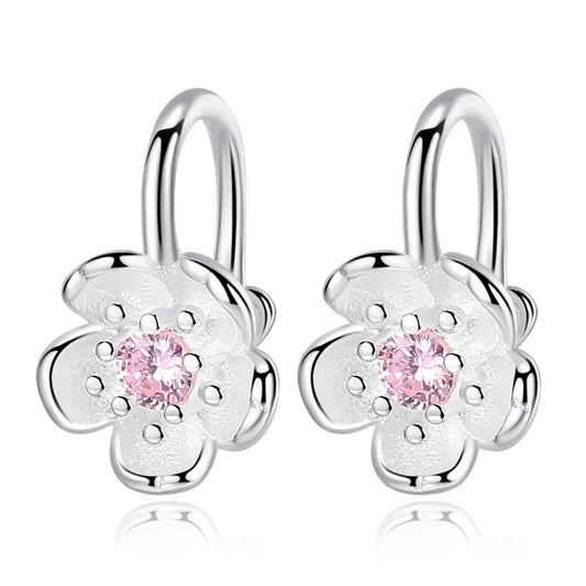 Korean style cherry blossom clip on earrings, pure 925 silver no hole ear clip.