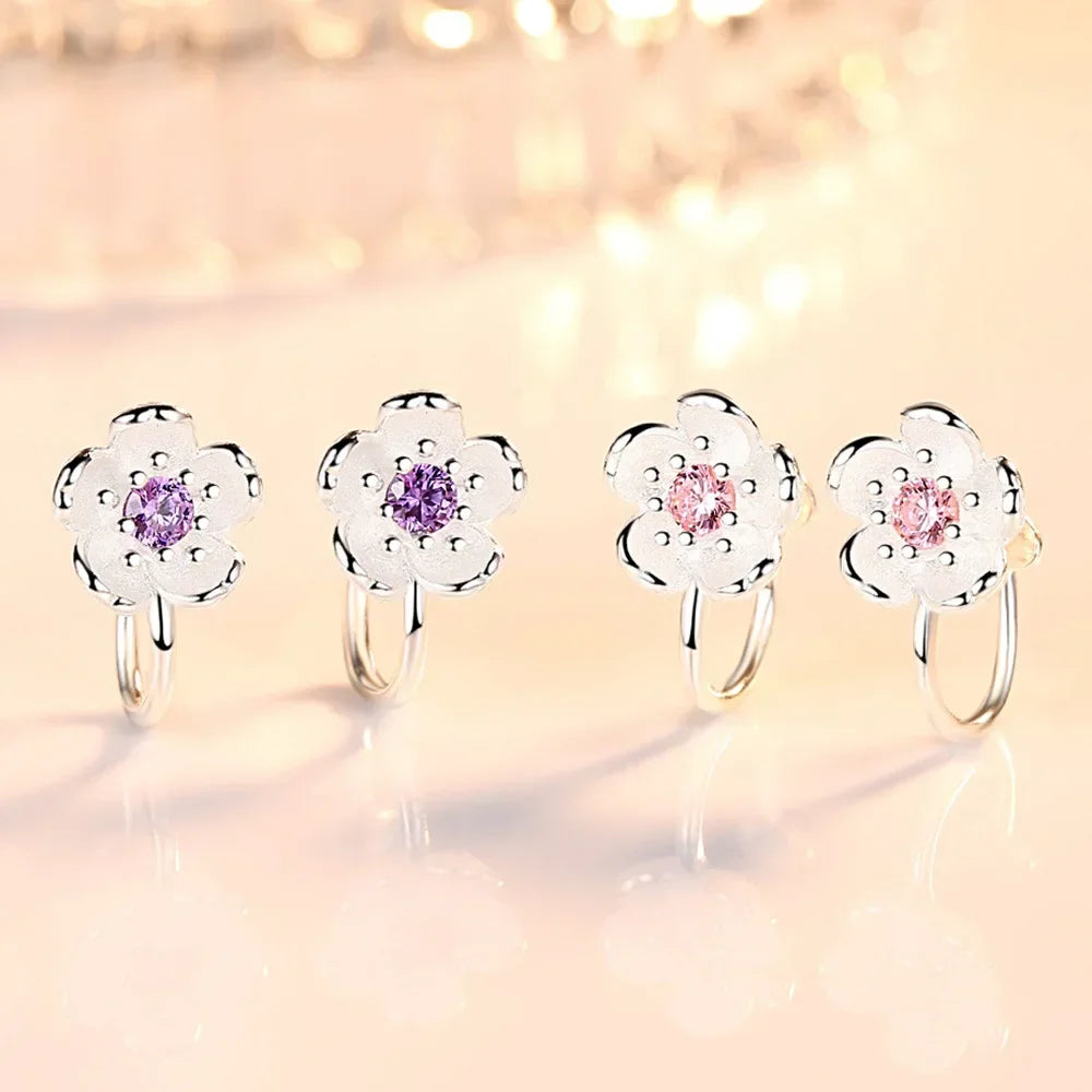 Korean style cherry blossom clip on earrings, pure 925 silver no hole ear clip.