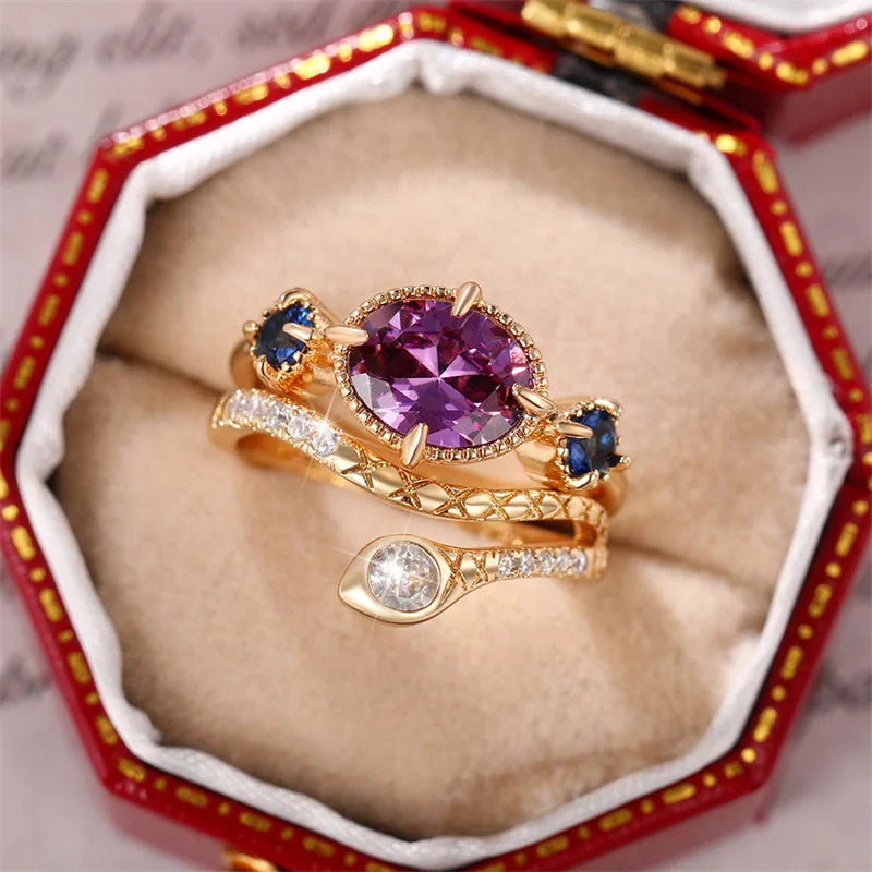 Ensemble Bagues Charmant Violet CZ Pierre Vintage Serpent.