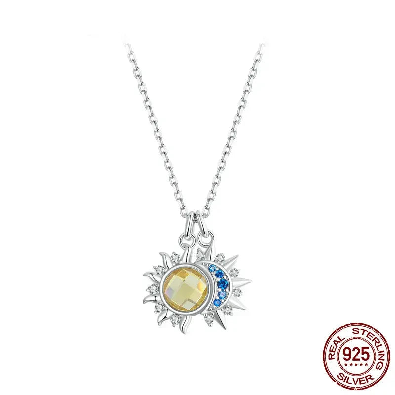 Pure 925 Sterling Silver Sun Moon Necklace