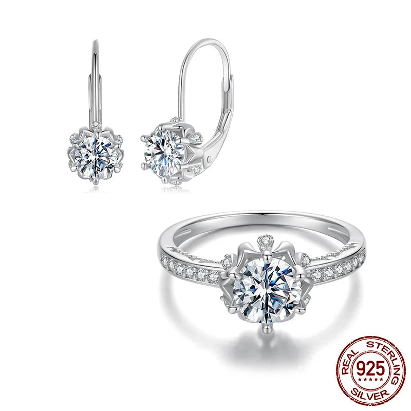 Diamond Flower Ring and Earrings. Genuine 925 Sterling Silver.