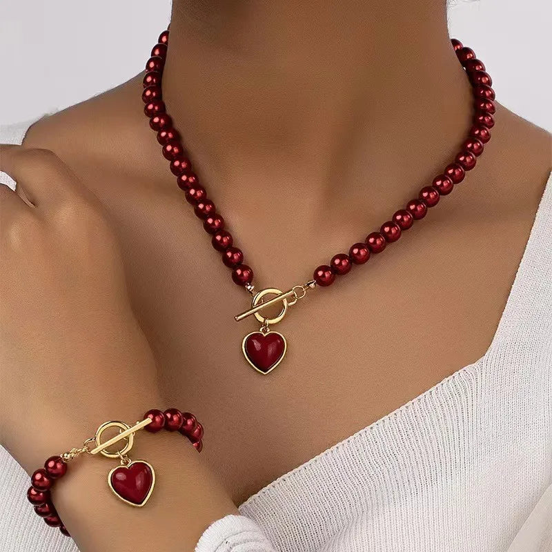 Creative Pearl Heart Necklace & Bracelet.