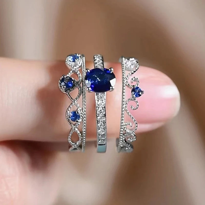 3Pcs Set Rings Noble Blue CZ.