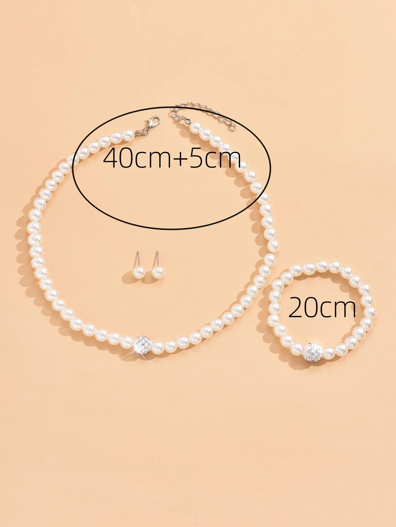 Pearl Jewelry Set, Necklace, Bracelet and Diamond Earrings.