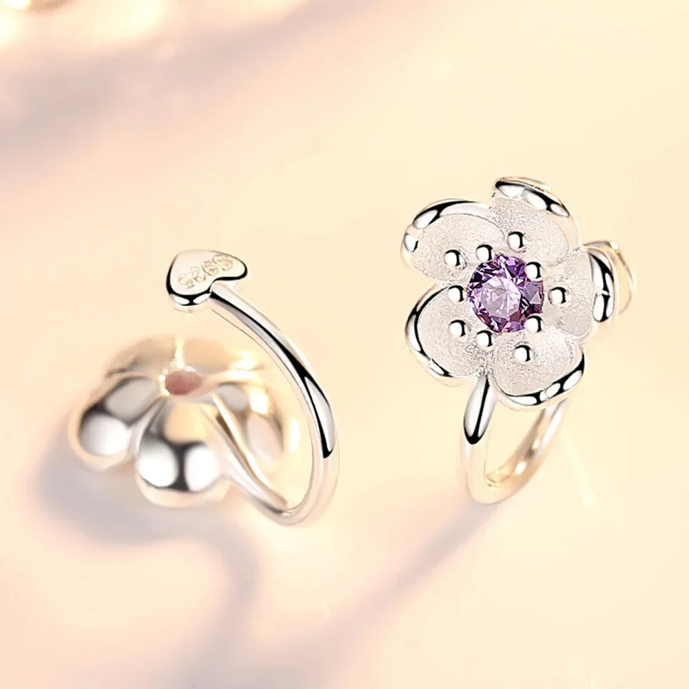 Korean style cherry blossom clip on earrings, pure 925 silver no hole ear clip.