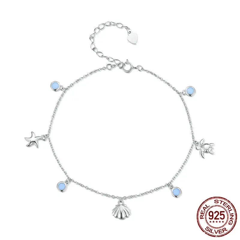 Pure 925 sterling silver ankle chain. starfish, platinum plated.