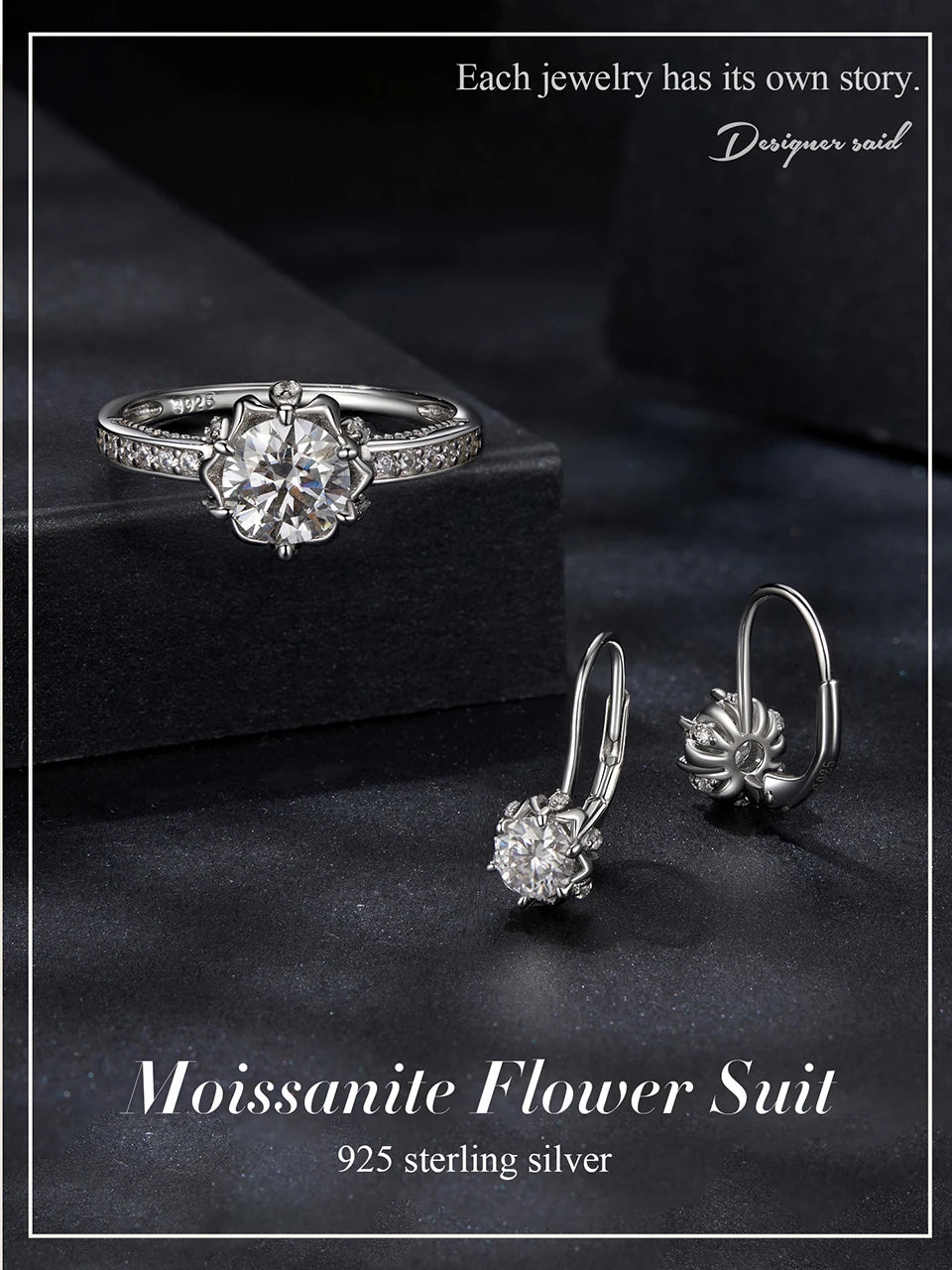 Diamond Flower Ring and Earrings. Genuine 925 Sterling Silver.