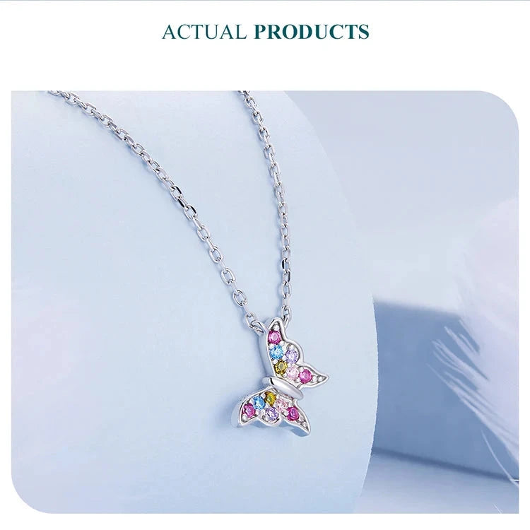 Pure 925 Sterling Silver Colorful Butterfly Necklace.