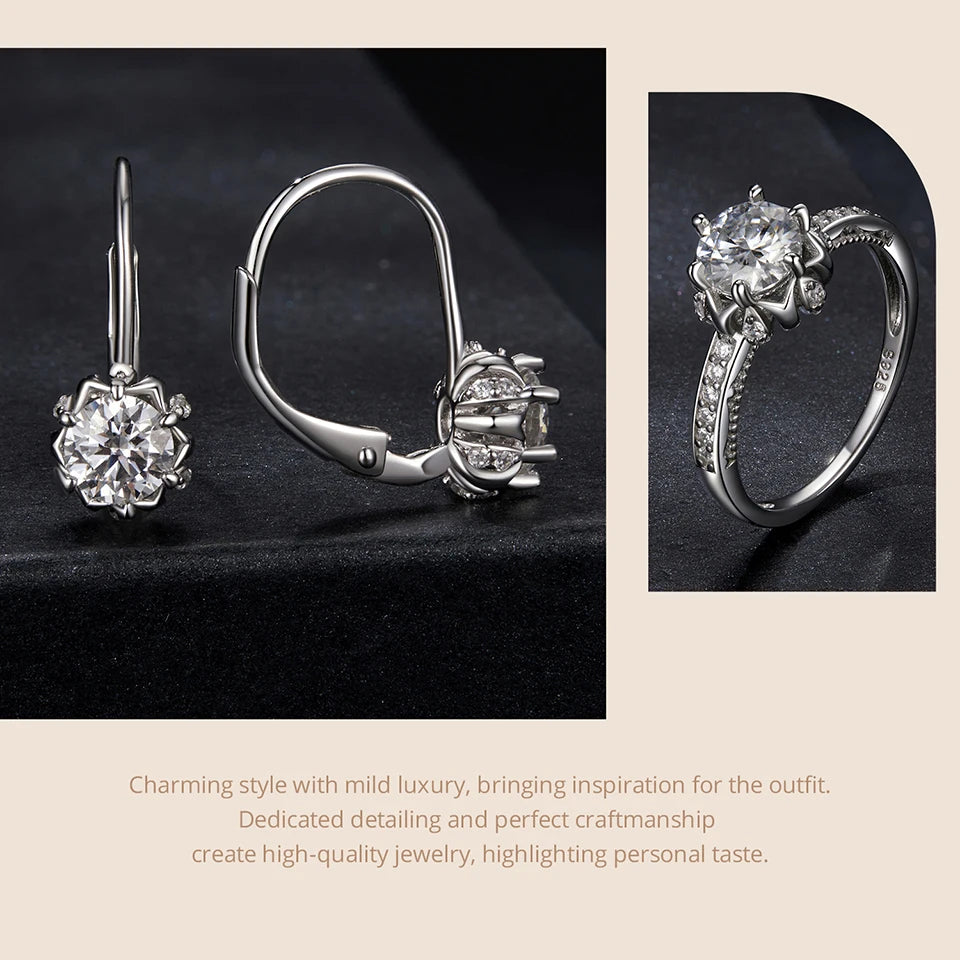 Diamond Flower Ring and Earrings. Genuine 925 Sterling Silver.