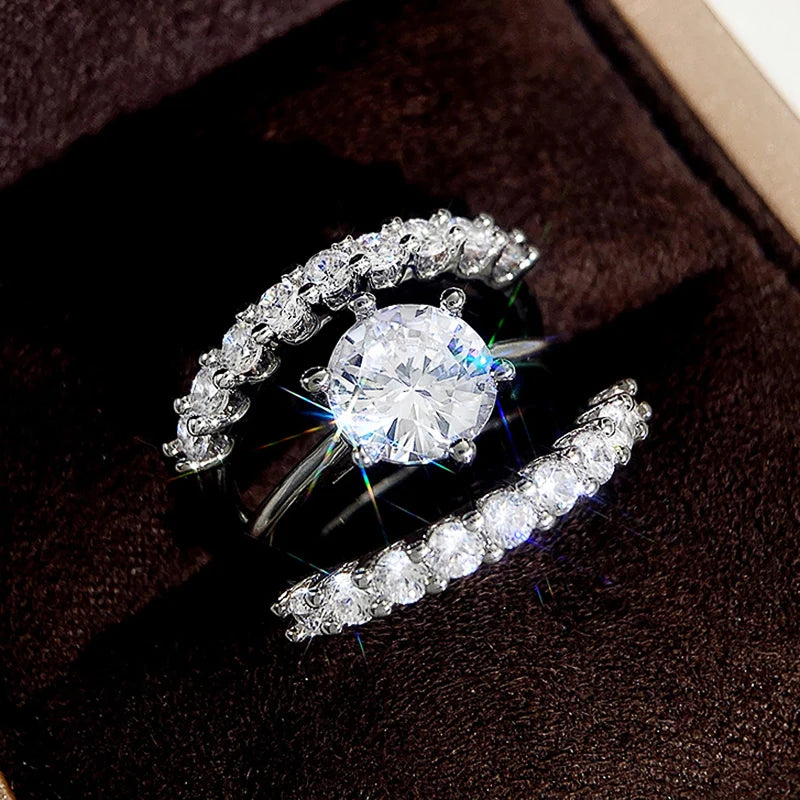 Luxury 3 Piece Pave Brilliant Cubic Zirconia Crystal Ring Set.