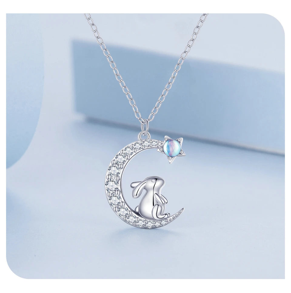 Genuine 925 Sterling Silver Rabbit and Moon Necklace.