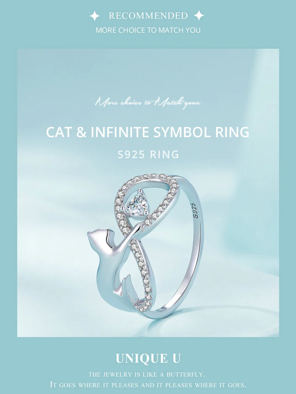 Pure 925 sterling silver cute cat ring, fine jewelry.