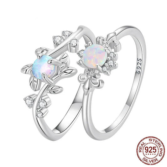 Elegant 925 Sterling Silver Leaf & White Opal Ring.