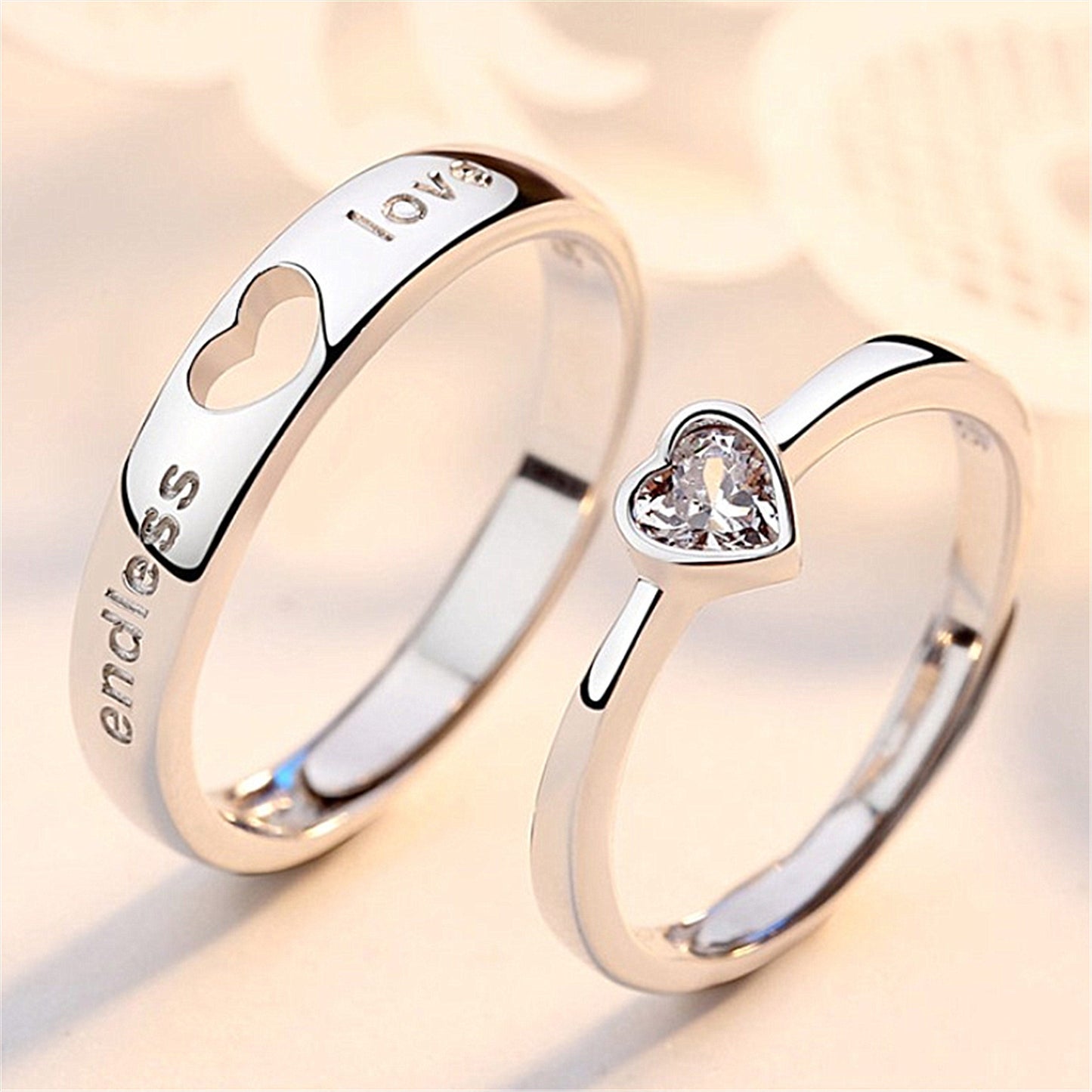 Set of 2 heart shaped zircon rings, ring for eternal and endless love. charm jewelry.