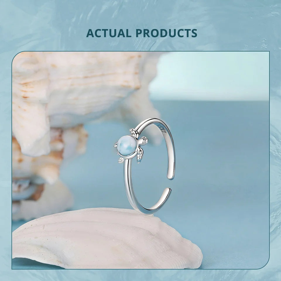 Natural Blue Larimar Gemstone Open Ring in 925 Sterling Silver.