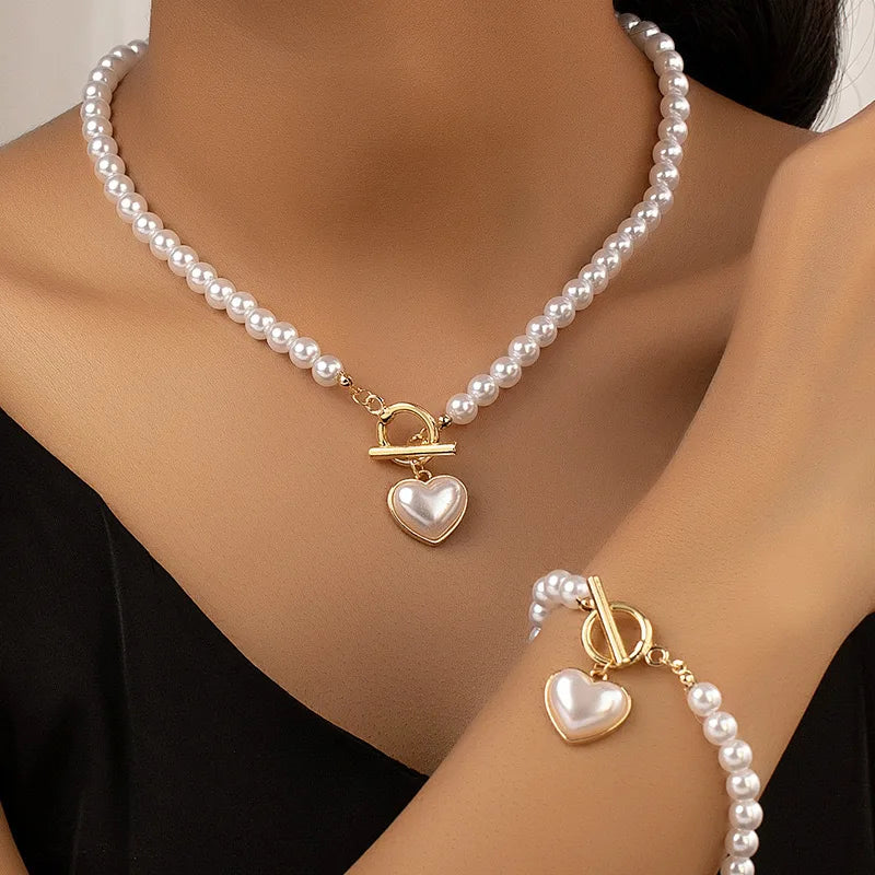 Creative Pearl Heart Necklace & Bracelet.