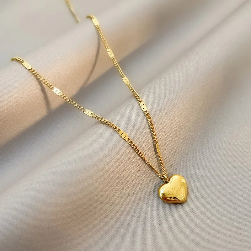 Fashion gold color necklace peach heart engraved love.