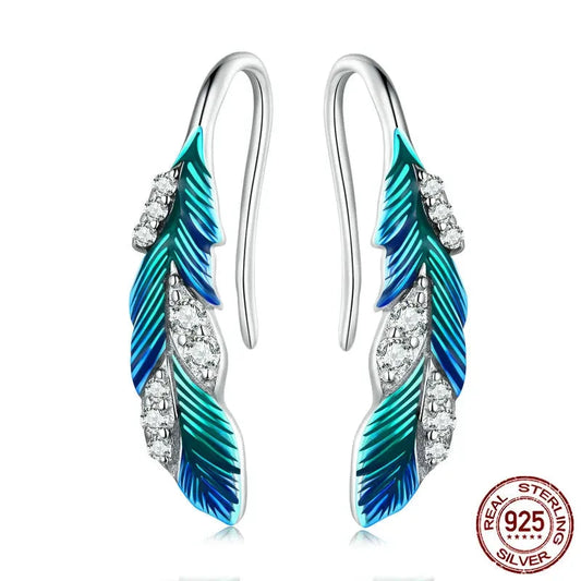 Pure 925 sterling silver feather earrings, blue set with zircons.