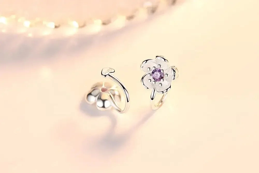 Korean style cherry blossom clip on earrings, pure 925 silver no hole ear clip.