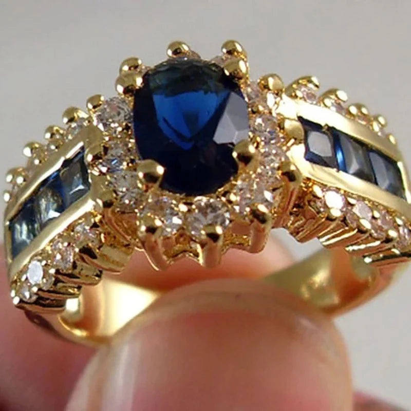 Luxury blue red zircon rings, gold color, unisex jewelry.