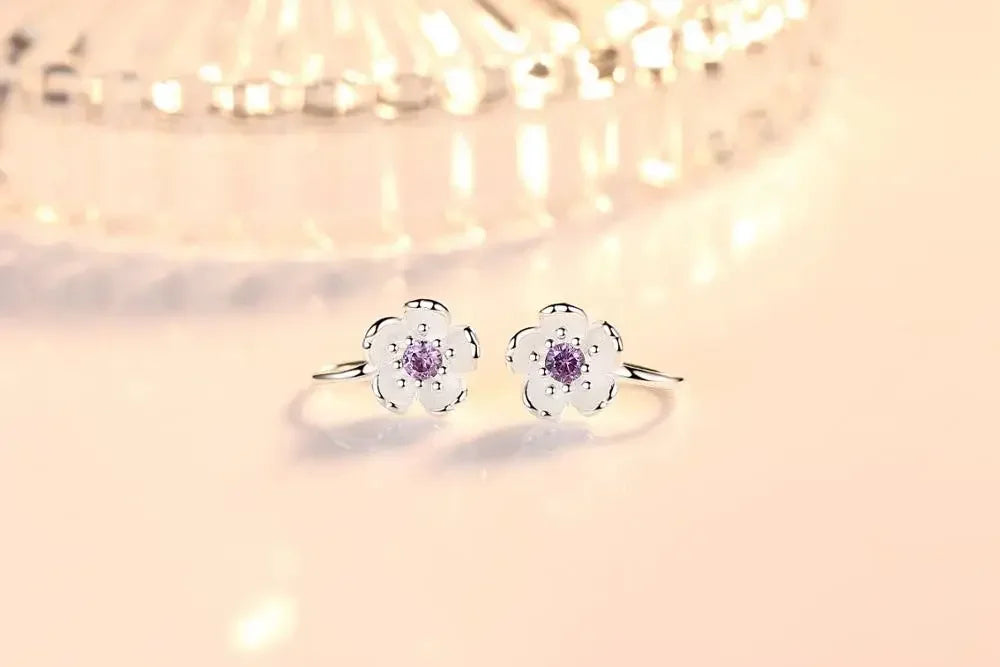 Korean style cherry blossom clip on earrings, pure 925 silver no hole ear clip.